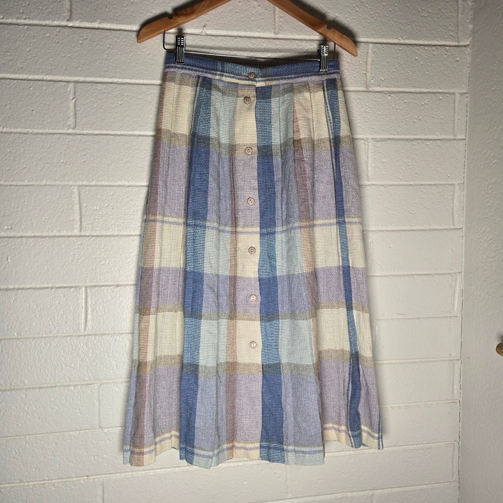 Vtg Counterparts Womens Midi Skirt Blue Lavender Plaid Button Front 12 Cottage